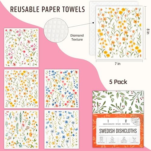 Swedish Dishcloths for Kitchen, 5 Pack Flowers Reusable Paper Towels Washable - Image 2