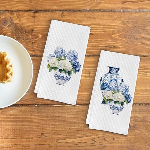 Blue and White Porcelain Chinoiserie Kitchen Towels Set of 2, Hydrangea Floral - Image 3