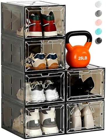 6 Pack Large Drop-Front Black Transparent Shoe Boxes, Stackable Sneaker Storage by Fraphil