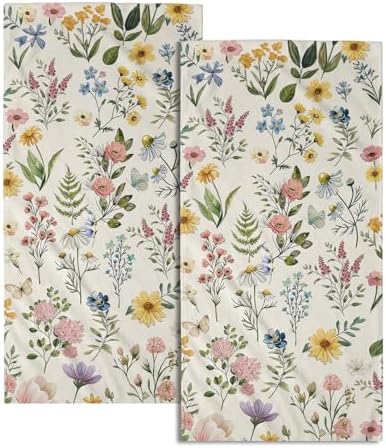 Watercolor Wildflowers Spring Summer Kitchen Towels 14"x28" Set of 2 Rustic by Granbey