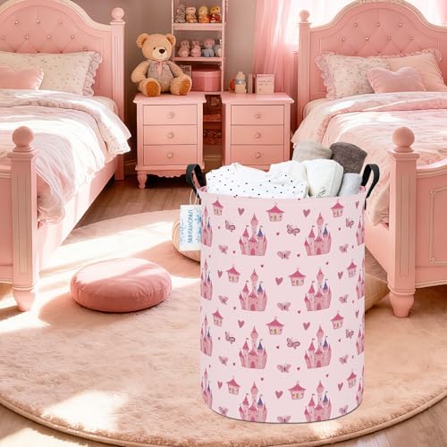 Round Laundry Basket Collapsible Storage Hamper Pink Castle - Image 5