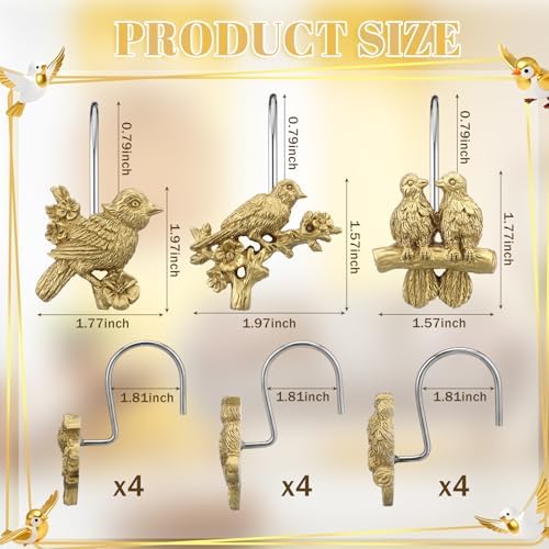 Amyhill 12 Pcs Bird Shower Curtain Hooks Antique Gold Birds Animal Decorative - Image 2