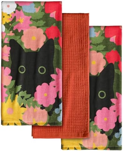 Miss Adola 3pcs 270GSM Cotton Kitchen Towels, Cats in Flowers by MissAdola