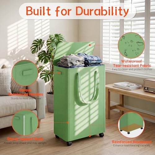 Slim Laundry Hamper with Wheels, 15 Gal Rolling Laundry Basket with lid and - Image 3