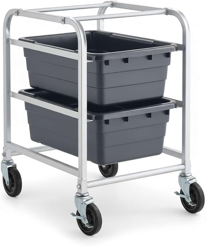 19"x26"x32" Mobile Aluminum Lug Rack with 2 Grey Meat Lugs / Tote Boxes - NSF Heavy-Duty Commercial Storage Cart, Portable Aluminum Utility Rack with Casters for Kitchen, Restaurant, or Food Prep