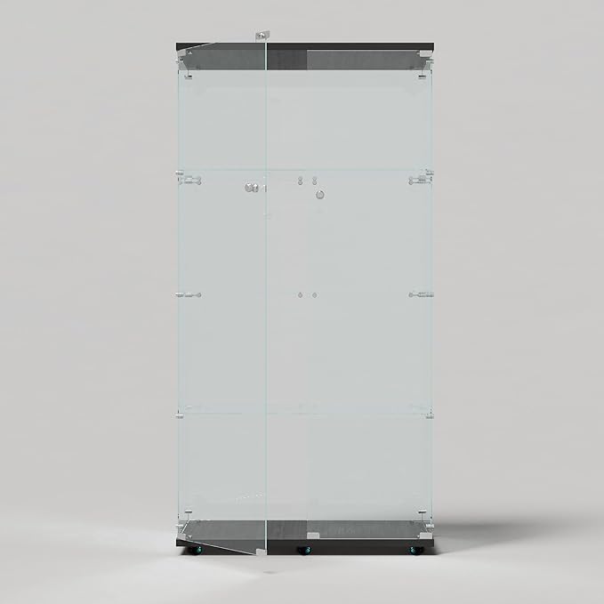 Glass Display Cabinet with LED Light Strip, 4 Shelves with 2 Doors, Curio Storage Cabinets with Lock & Caster for Living Room, Office, Floor Standing Glass Bookshelf, Quick Installation - Black