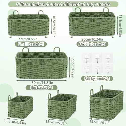 3 Pcs Wall Hanging Baskets, Sage Green, Paper Cord - Image 2