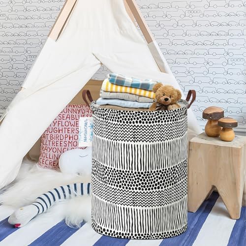 Round Laundry Basket Collapsible Storage Hamper Organizer Black Line - Image 4