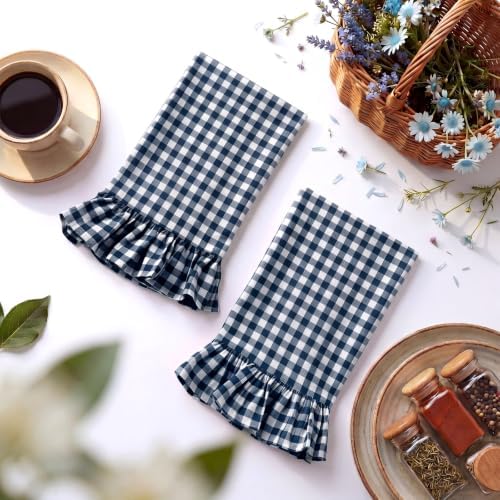 HunnmingRe 2 Pcs Navy Blue Gingham Kitchen Towels Cotton Ruffled - Image 3