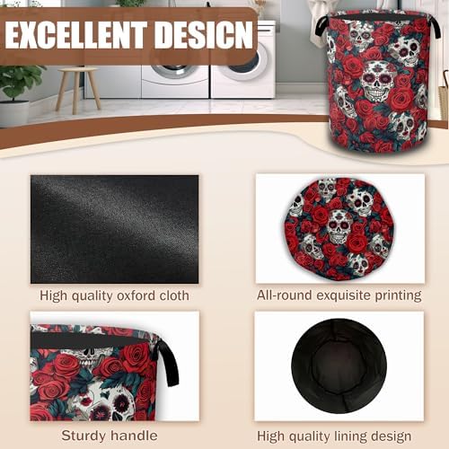 Skull Red Rose Laundry Hamper, Flowers Skeleton Laundry Baskets, Waterproof - Image 5