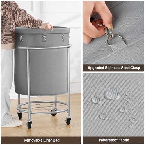 ELYKEN Laundry Basket with Wheels, Round Rolling Laundry Hamper - Image 3
