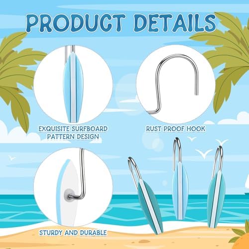 Amyhill 12 Pcs Surfboard Shower Curtain Hooks Decorative Shower Curtain Rings - Image 3