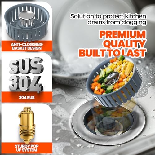 3 in 1 Kitchen Sink Drain Strainer and Stopper Silver 1 Pack - Image 2