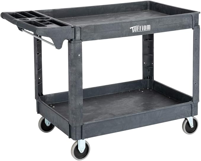 TUFFIOM Plastic Service Utility Cart with Wheels, 550lbs Capacity, Heavy Duty Tub W/Deep Shelves, Multipurpose Rolling Extra Large 2-Tier Mobile Storage Organizer, Warehouse Garage Industrial Cart