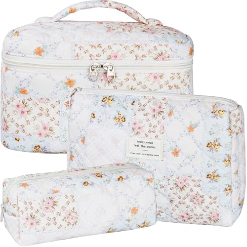 BuyCard Quilted Makeup Bag Set, CuteFloral Cotton Coquette Makeup Bag Toiletry by BuyCard