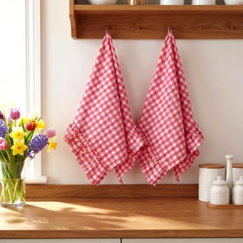 HunnmingRe 2 Pcs Watermelon Pink Gingham Kitchen Towels Cotton Ruffled - Image 5