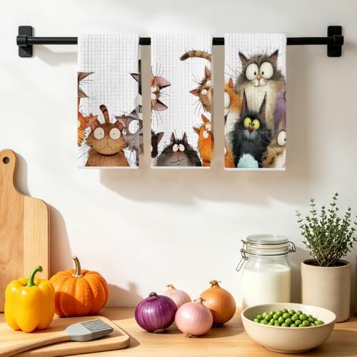 3 Pcs Cute Cat Kitchen Towels, Funny Cats Gifts Absorbent Hand Towels-02 - Image 4