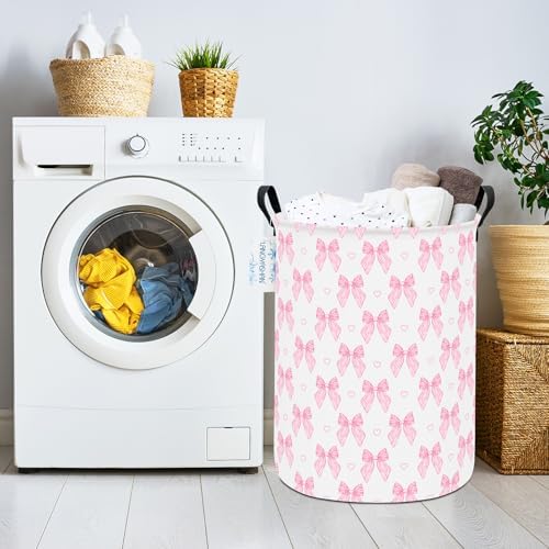 Round Laundry Basket Collapsible Storage Hamper Pink Bowknot - Image 7