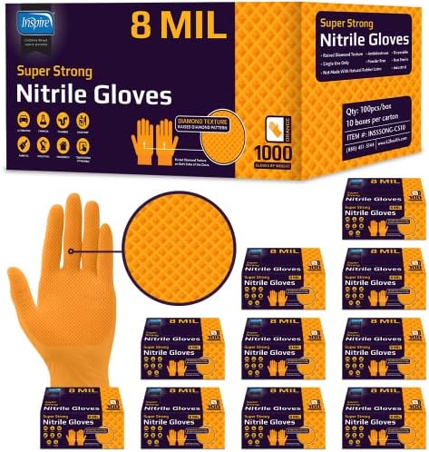 Inspire Heavy Duty Orange Nitrile Gloves | ULTRA 8 Mil Diamond Textured Grip | by Inspire