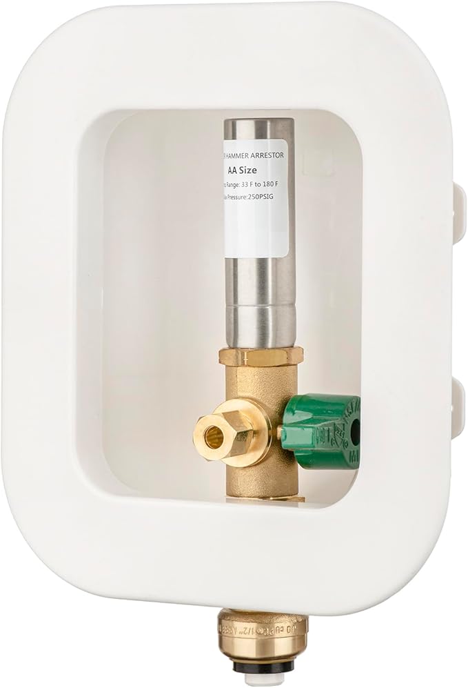 (1 Pack) Lidertik 1/2 inch Push-to-Connect Pre-Assembled Ice Maker Outlet Box Valve 1/4 inch Recessed Refrigerator Water Line Wall Box with Shut Off Valve and Stainless Steel Hammer Arrestor 611-LK