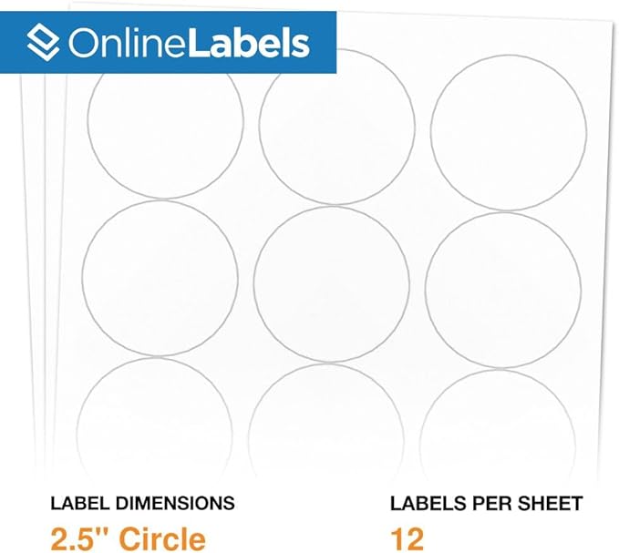 2.5" Round Labels - Permanent Adhesive, White Matte - Great for Candle and Jar Lids, Products, Favor Labels - Pack of 1,200 Circle Stickers, 100 Sheets - Inkjet/Laser Printers, OL350WX, OnlineLabels