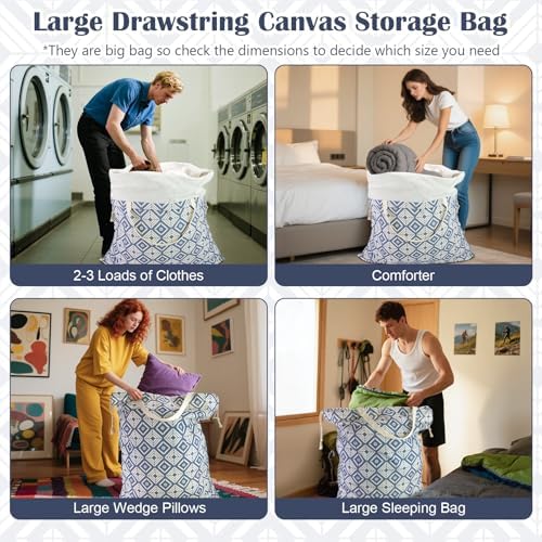 Canvas Laundry Bag with Handles & Drawstring 30"Wx35"H, L+ Geometry Blue - Image 6