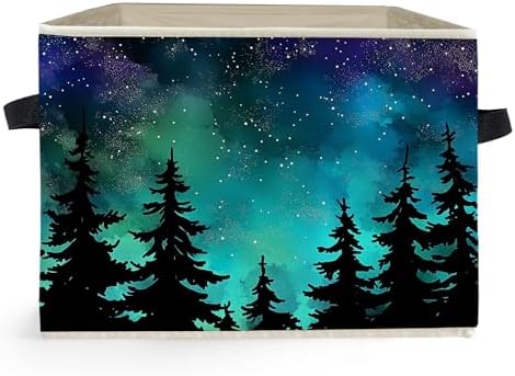 Starry Night Forest Storage Box Bins, Galaxy Star Sky Pine Tree Woods by Unknown