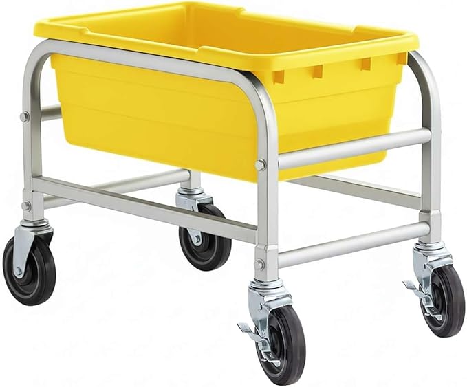 16"x26"x19" Mobile Aluminum Lug Rack with Yellow Meat Lug Tote Box - NSF Heavy-Duty 1 Lug Capacity Food Storage Cart with 5" Swivel Casters, Freezer Safe, Commercial Cart for Seafood, Ingredients