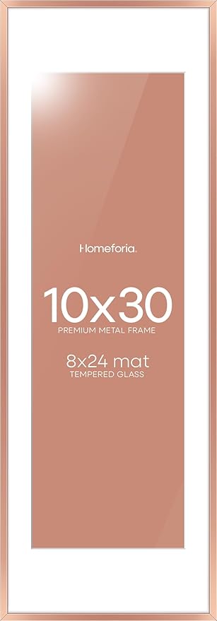Homeforia 10x30 Rose Gold Picture Frame, High End Metal 10by30 Poster Frames with Mat 8x24 Photo, 10 x 30 Rose Frames Matted to 8 x 24 Print, 30x10 Panoramic Frames, Tempered Glass, Wall Kit, Set of 1
