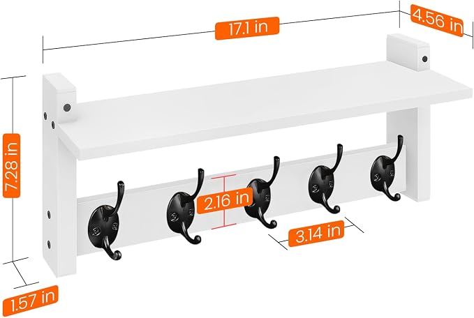 Wall Shelf with Hooks, Coat Rack Wall Mount with Pegs, Hanging Entryway Coat - Image 8