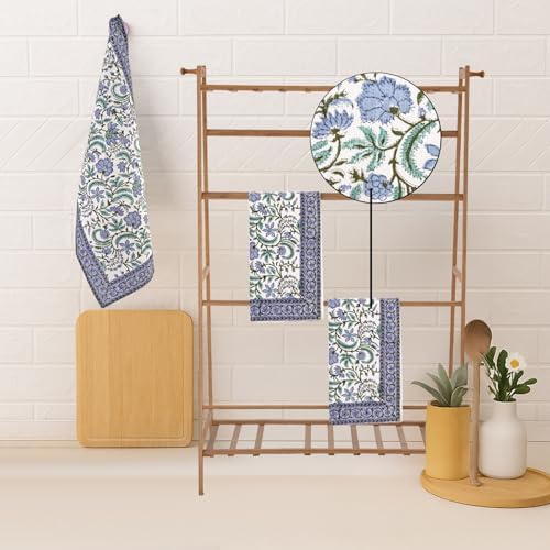 Ridhi Columbia Blue Hand Block Print 100% Cotton Kitchen Towels, 16x28 Inch - Image 3