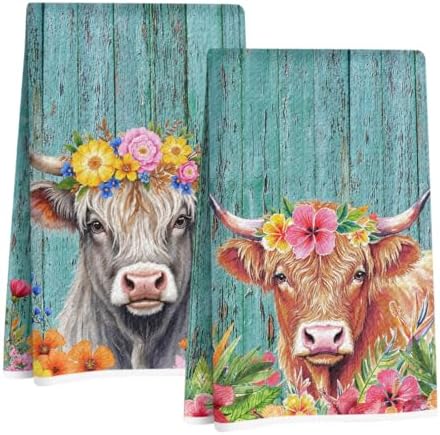 Jztco 2 Pcs Cow Kitchen Towels, Rustic Flower Soft Absorbent Hand Towels by Jztco