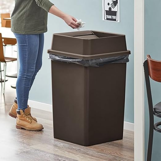 Square Trash Can with Drop Shot Lid, 35 Gallon, Brown, Indoor Outdoor Use