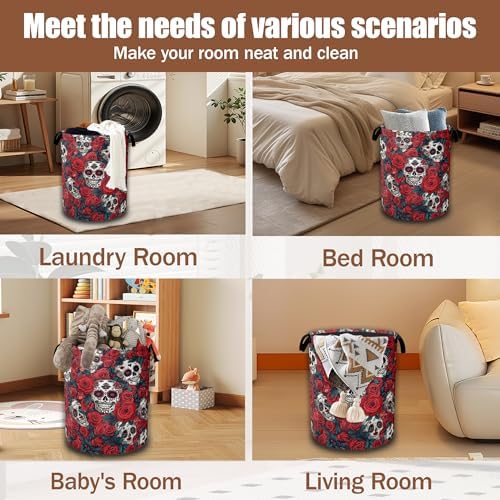 Skull Red Rose Laundry Hamper, Flowers Skeleton Laundry Baskets, Waterproof - Image 7