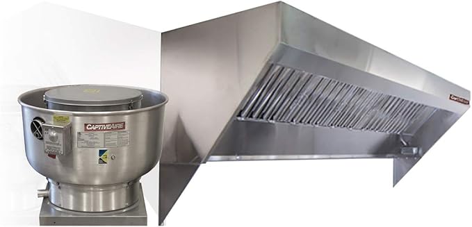 Food Truck Low Profile Exhaust Hood System Includes a stainless steel exhaust hood, an exhaust fan, an adjustable duct section, and installation hardware (9' Long Hood & Fan)
