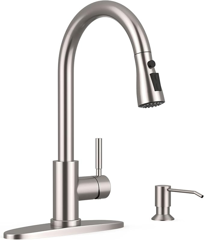 WEWE Kitchen Faucet with Soap Dispenser and Pull Down Sprayer, RV Single Handle Classic 3 Modes Stainless Steel Faucet for Kitchen Sink, RV, Stainless Steel