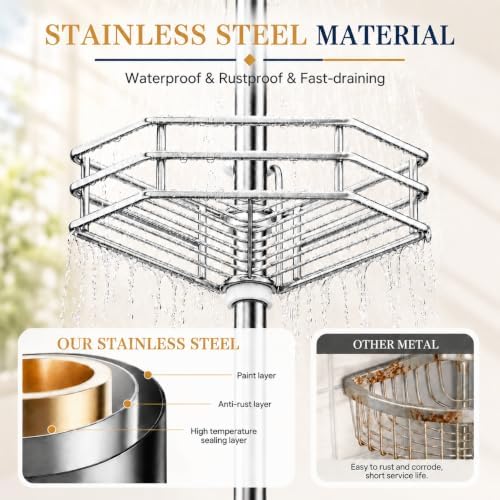 SEIRIONE Corner Shower Caddy Tension Pole, Quick Setup, Rust-Free Bathroom - Image 3