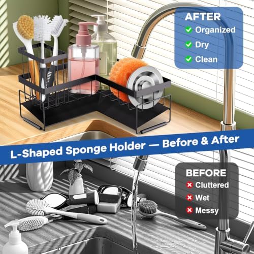 RealPlus Large Sponge Holder for Sink Caddy, 90° Kitchen Sink Organizer - Image 5