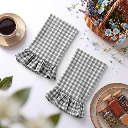 HunnmingRe 2 Pcs Gray Gingham Kitchen Towels Cotton Ruffled - Image 3