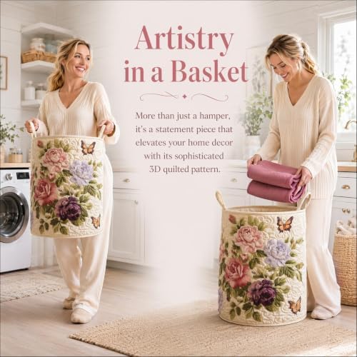 Quilted Laundry Basket with Handles, Boho Floral Quilted Storage Hamper - Image 2