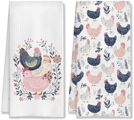 Farmhouse Chicken Rooster Kitchen Towels, Chicken Dish Towels, Rooster Decor by HUGANE