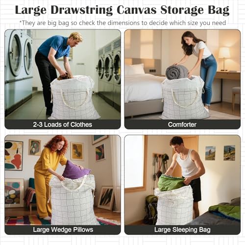 Canvas Laundry Bag with Handles & Drawstring 30"Wx35"H, L+ Geometry Grid - Image 6