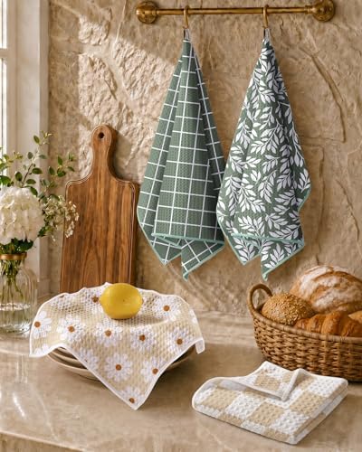 Miss Adola Reversible Microfiber Kitchen Towels Set of 2, Grid & Greenery - Image 5