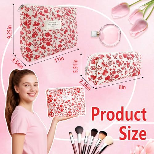 2Pcs Quilted Makeup Bag Set Flower Cute Pencil Case Large Small Travel Makeup - Image 3