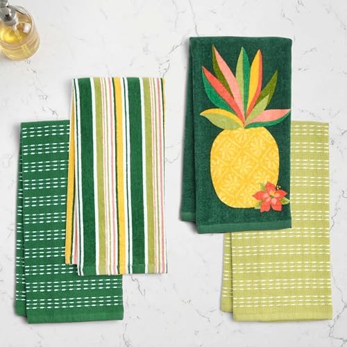 Ritz 4-Piece Kitchen Towel Set, Pineapple Hibiscus & Multi-Stripe Prints - Image 3