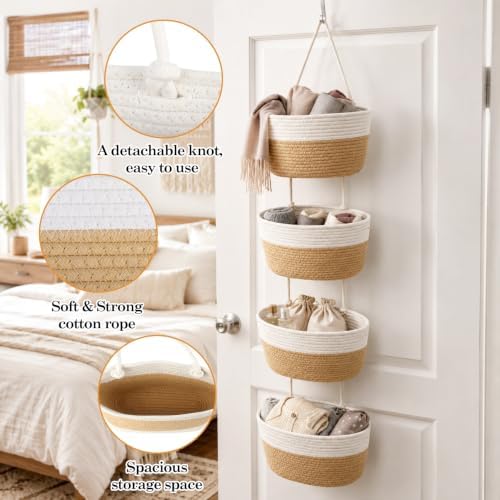 Klmnop 4-Tier Over The Door Hanging Baskets, Wall Mounted Cotton Basket - Image 3