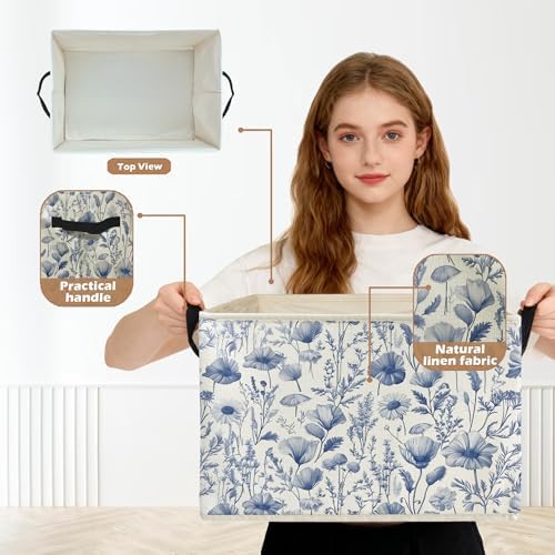 Blue and White Floral Storage Box Bins, Chinoiserie Flower Botanical - Image 2