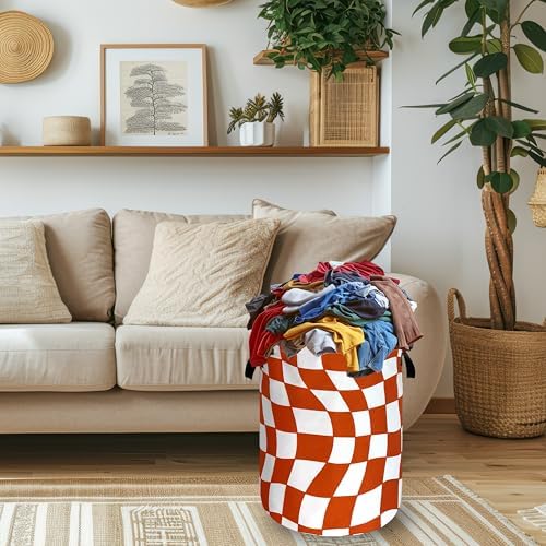 Orange Checkerboard Laundry Basket Oxford Cloth Foldable Hamper 18.9x16.5In - Image 2