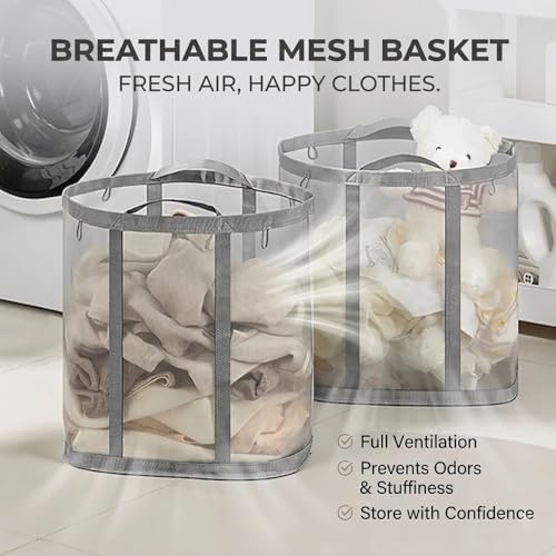 Wall-Mounted Foldable Laundry Basket, 41L Mesh Hamper, 2 Pack - Image 4
