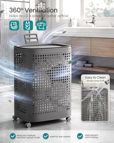 SONGMICS Laundry Hamper with Wheels, 75 L Laundry Basket with Lid - Image 3